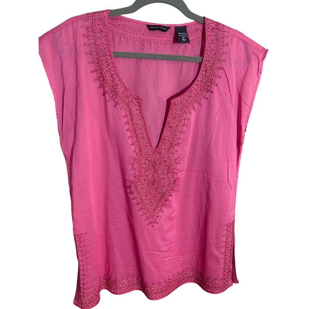 New York and Company Pink Embroidered Tunic Blouse Medium Boho Cotton Top